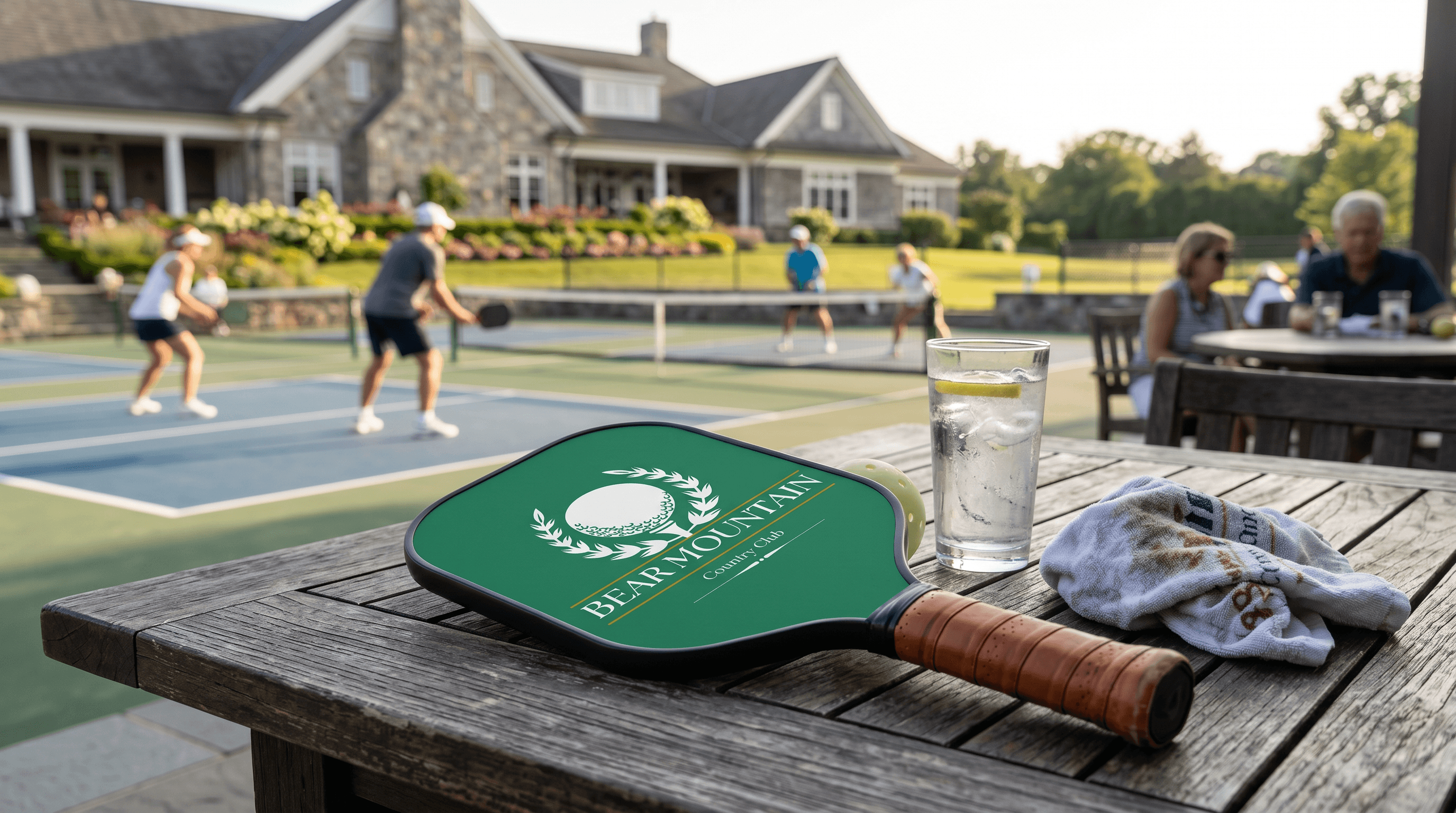 Custom branded pickleball paddle at a Bear Mountain resort