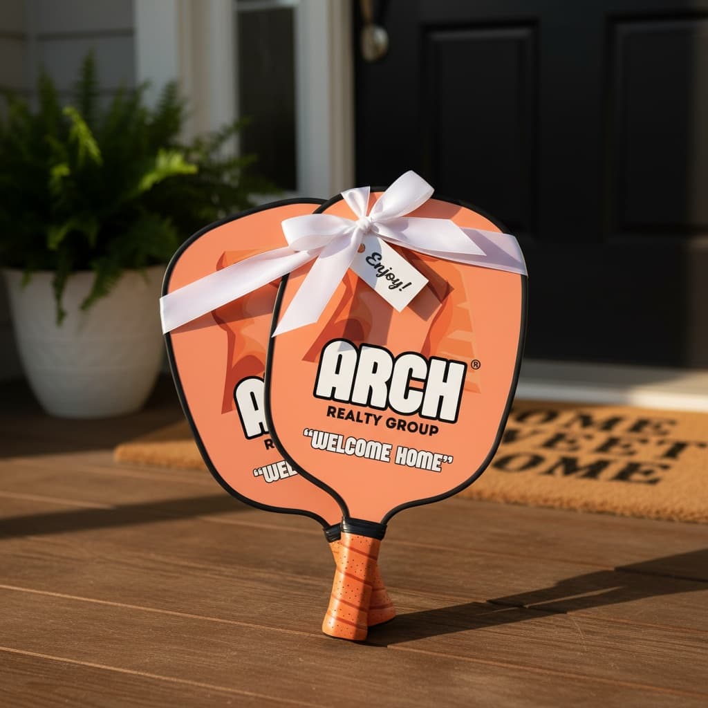 Arch Realty closing-gift paddle on a client doorstep