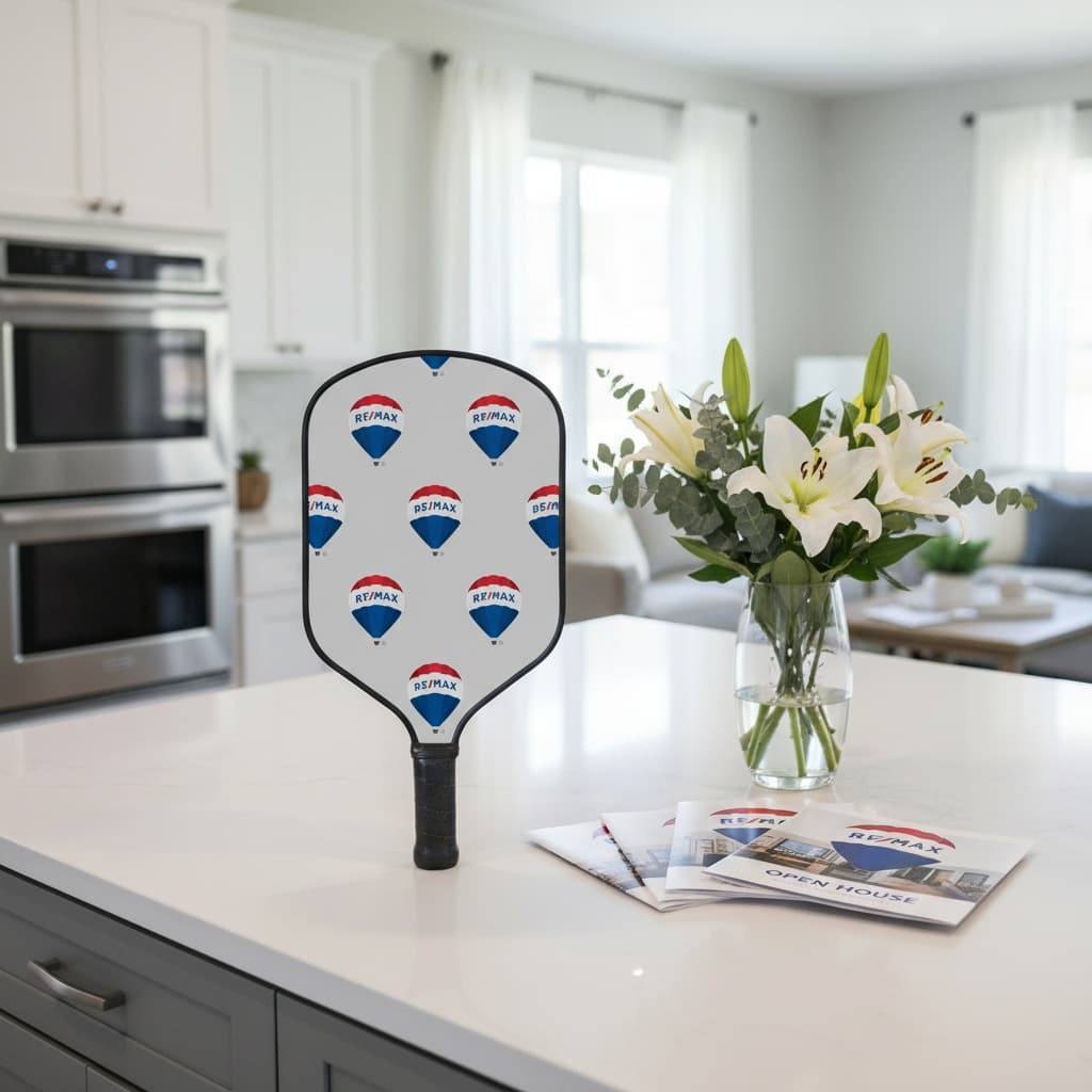 RE/MAX-branded custom pickleball paddle in a client kitchen