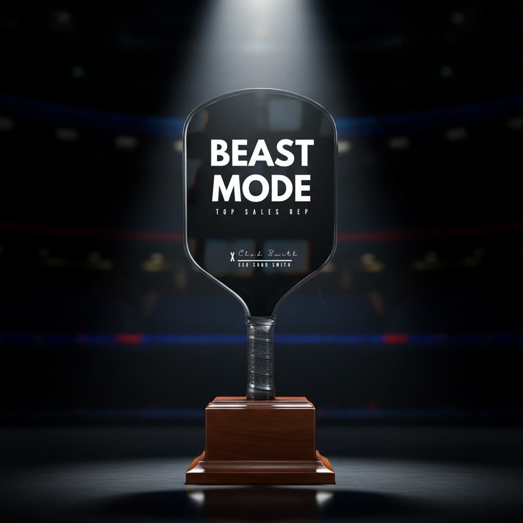 Beast Mode custom pickleball paddle awarded as a sales-rep trophy